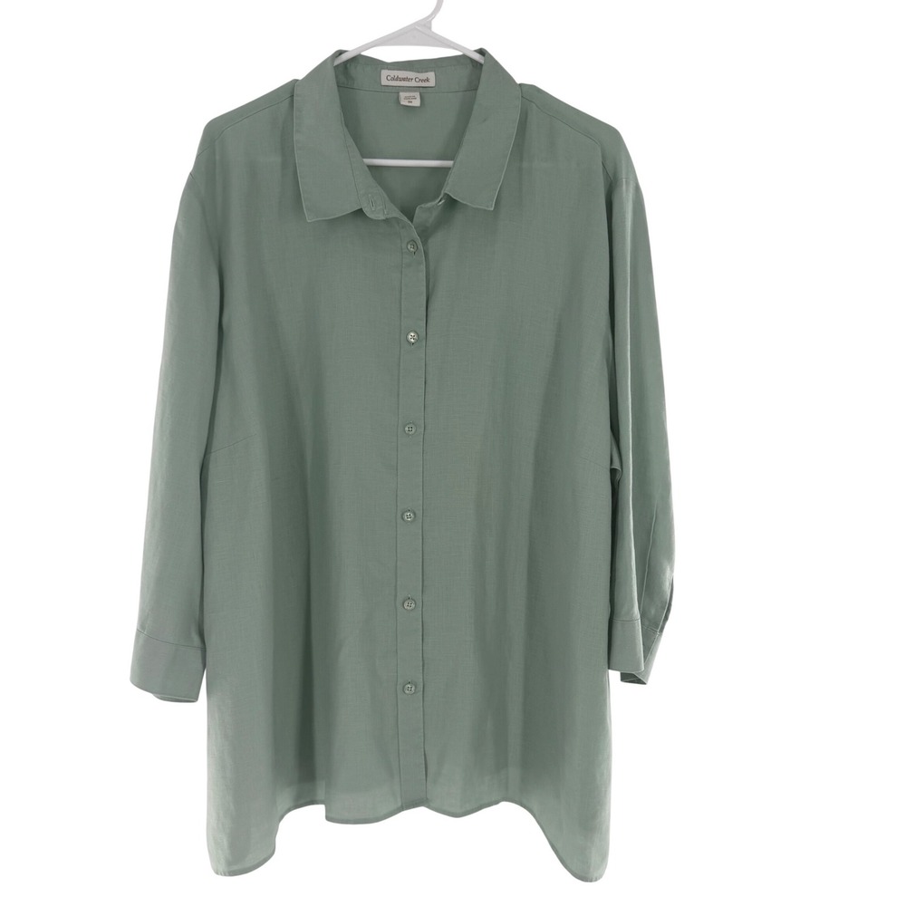 100% Linen Coldwater Creek Wmn 3X Sage Green Button Up Tunic Shirt 3/4 Sleeve